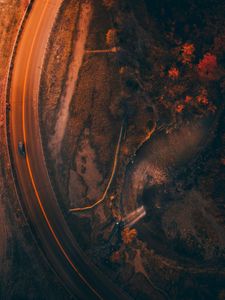 Preview wallpaper road, aerial view, car, evening, dark