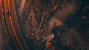 Preview wallpaper road, aerial view, car, evening, dark