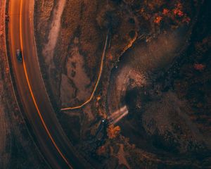 Preview wallpaper road, aerial view, car, evening, dark