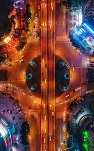 Preview wallpaper road, aerial view, cars, neon