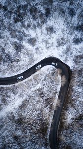 Preview wallpaper road, aerial view, cars, snowy, snow