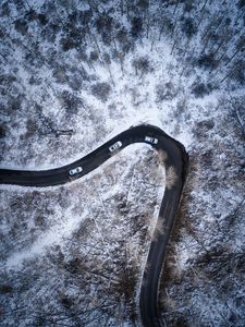 Preview wallpaper road, aerial view, cars, snowy, snow