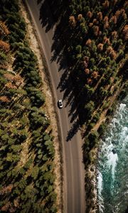 Preview wallpaper road, аerial view, distance, trees, forest, travel
