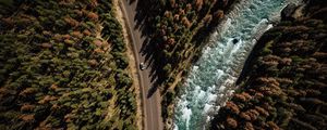 Preview wallpaper road, аerial view, distance, trees, forest, travel