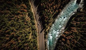 Preview wallpaper road, аerial view, distance, trees, forest, travel