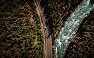 Preview wallpaper road, аerial view, distance, trees, forest, travel