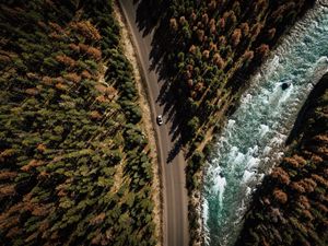 Preview wallpaper road, аerial view, distance, trees, forest, travel