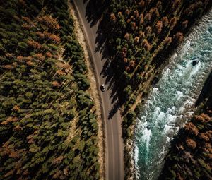 Preview wallpaper road, аerial view, distance, trees, forest, travel