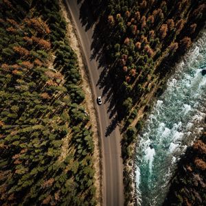 Preview wallpaper road, аerial view, distance, trees, forest, travel