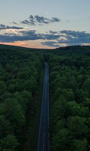Preview wallpaper road, aerial view, forest, horizon, sunset