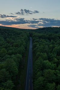 Preview wallpaper road, aerial view, forest, horizon, sunset