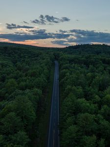 Preview wallpaper road, aerial view, forest, horizon, sunset