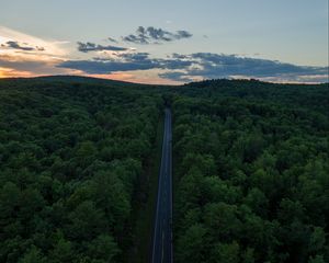 Preview wallpaper road, aerial view, forest, horizon, sunset