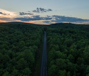 Preview wallpaper road, aerial view, forest, horizon, sunset
