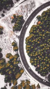 Preview wallpaper road, aerial view, forest, snowy