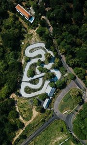 Preview wallpaper road, aerial view, forest, structure