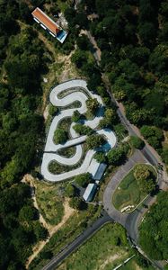 Preview wallpaper road, aerial view, forest, structure
