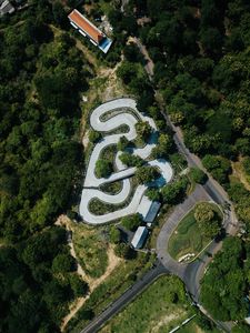 Preview wallpaper road, aerial view, forest, structure