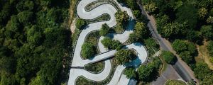 Preview wallpaper road, aerial view, forest, structure