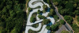 Preview wallpaper road, aerial view, forest, structure