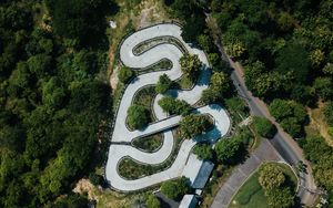 Preview wallpaper road, aerial view, forest, structure