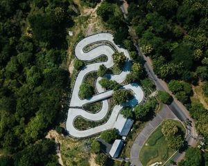 Preview wallpaper road, aerial view, forest, structure