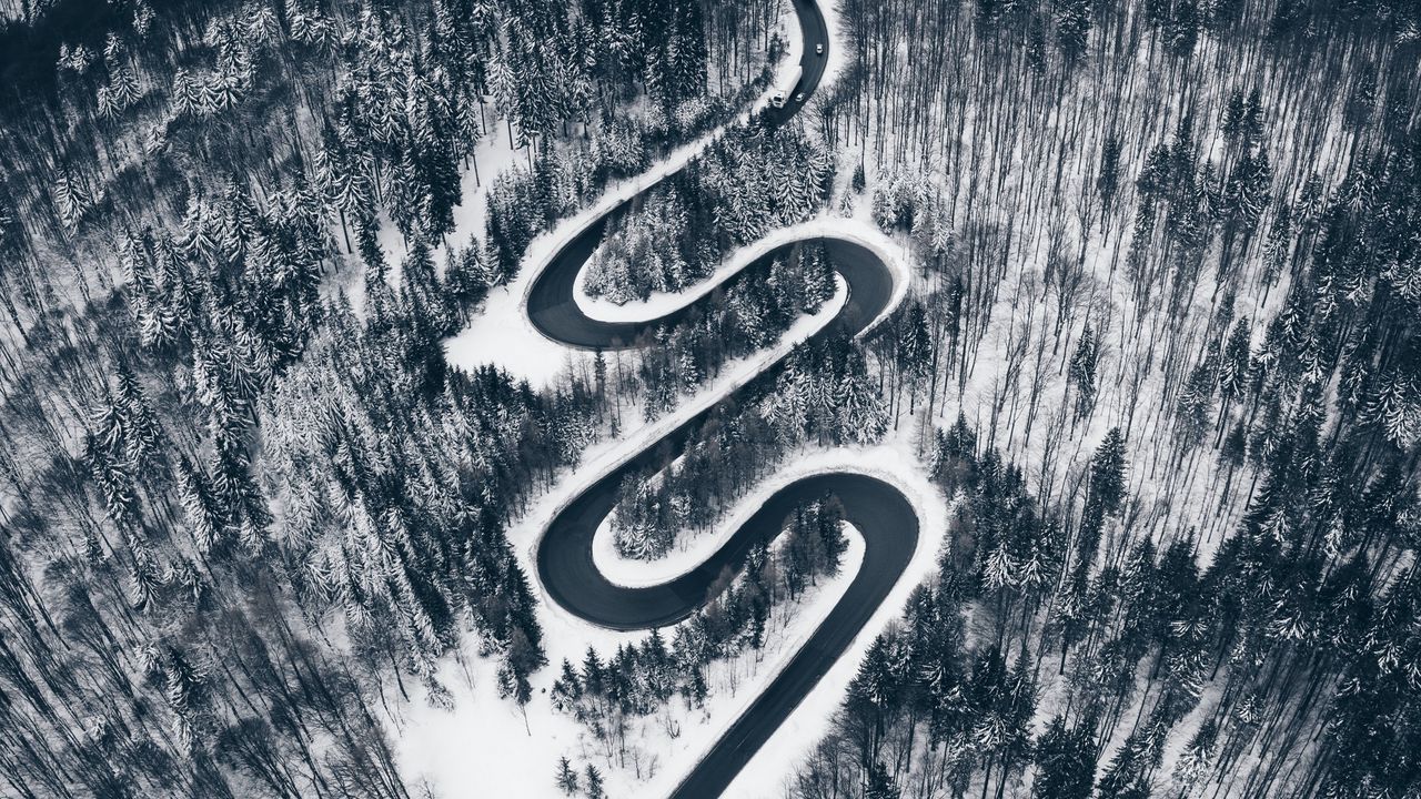 Wallpaper road, aerial view, forest, snow, winding