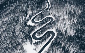 Preview wallpaper road, aerial view, forest, snow, winding