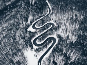 Preview wallpaper road, aerial view, forest, snow, winding