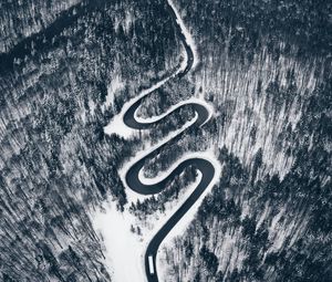 Preview wallpaper road, aerial view, forest, snow, winding