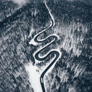 Preview wallpaper road, aerial view, forest, snow, winding