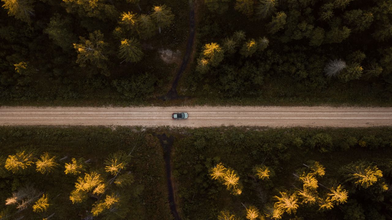 Wallpaper road, aerial view, forest, car, trees
