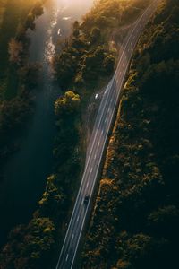 Preview wallpaper road, aerial view, river, rays, trees