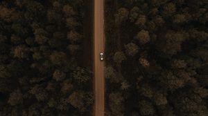Preview wallpaper road, aerial view, trees, car, forest
