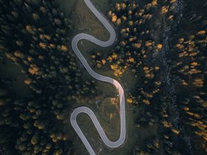 Preview wallpaper road, aerial view, trees, hill, winding