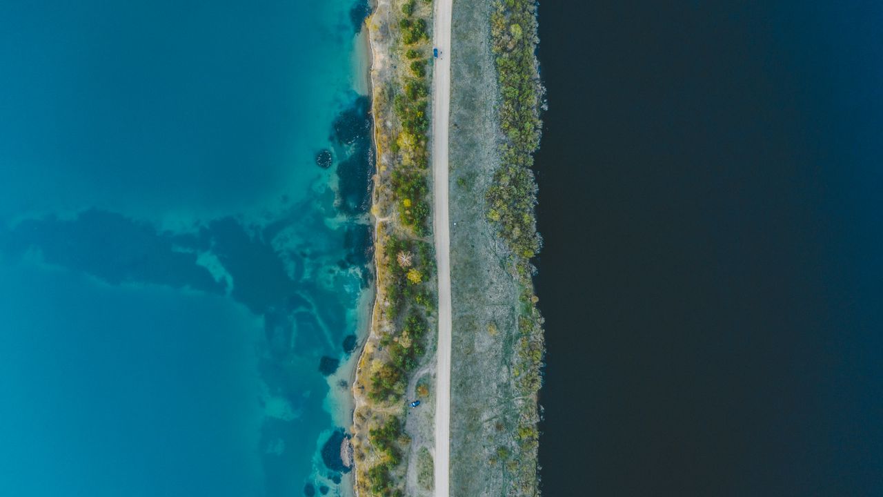 Wallpaper road, aerial view, water