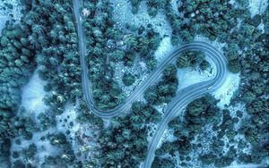 Preview wallpaper road, aerial view, winding, trees, treetops