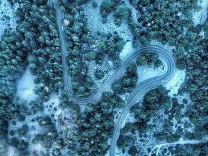 Preview wallpaper road, aerial view, winding, trees, treetops