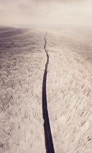Preview wallpaper road, aerial view, winter, snow, forest, trees