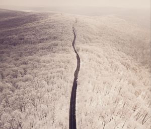 Preview wallpaper road, aerial view, winter, snow, forest, trees