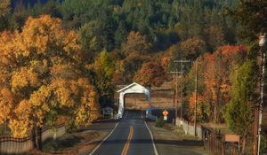 Preview wallpaper road, arch, forest, autumn