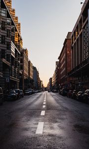 Preview wallpaper road, asphalt, buildings, street, dark