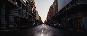 Preview wallpaper road, asphalt, buildings, street, dark