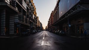 Preview wallpaper road, asphalt, buildings, street, dark