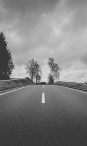 Preview wallpaper road, asphalt, bw, hill, trees