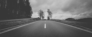 Preview wallpaper road, asphalt, bw, hill, trees