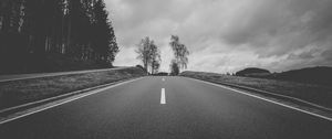 Preview wallpaper road, asphalt, bw, hill, trees