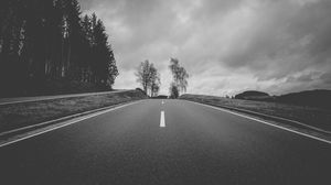 Preview wallpaper road, asphalt, bw, hill, trees