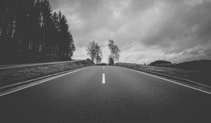 Preview wallpaper road, asphalt, bw, hill, trees