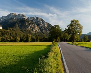 Preview wallpaper road, asphalt, field, green, trees, mountains, castle